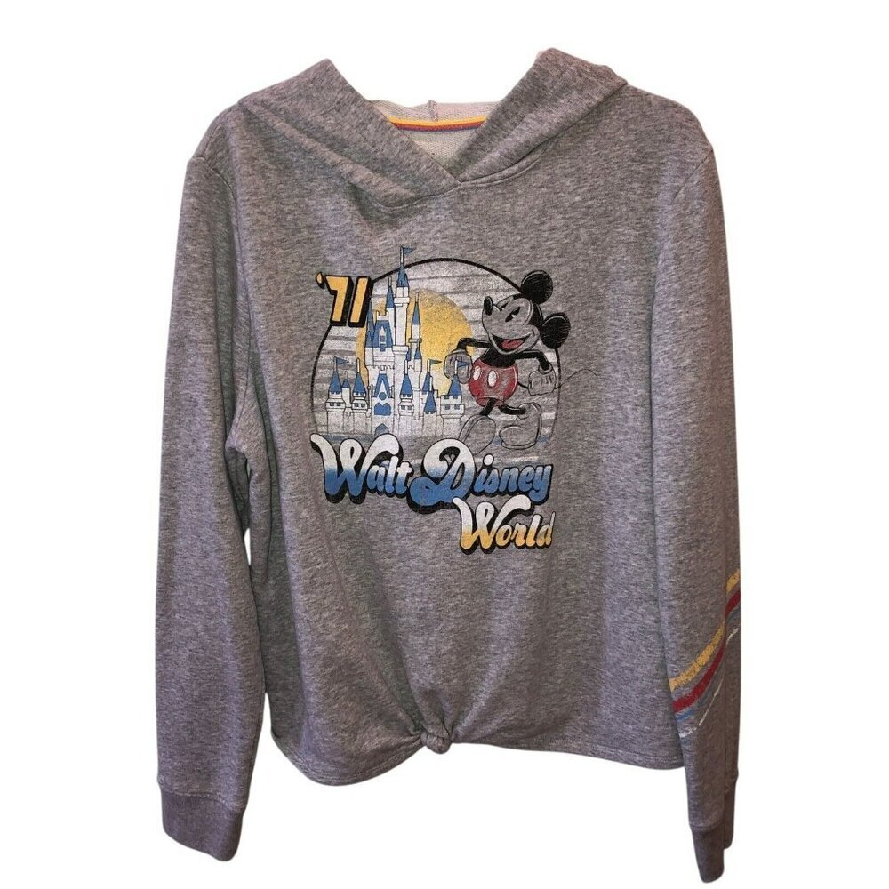 Disney Parks Adult XL Gray Mickey Mouse 71 Pullover Hoodie Sweatshirt Front Knot